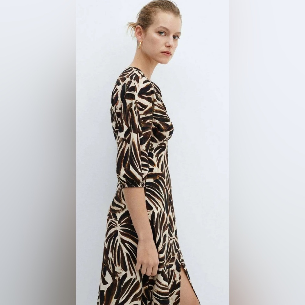Mango Brown and Cream Leaf-Print Midi Dress - Picture 3 of 13